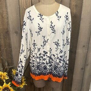 Talbots Plus Size 2X Botanical Print Cardigan | Ivory Navy Button Front